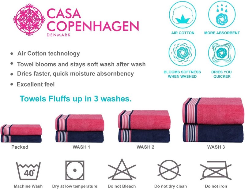 CASA COPENHAGEN He & She 6 Pieces Towel Set- Dutch Blue + Pink, 550 GSM 2 Bath Towel 2 Hand Towel 2 Washcloth, Designed in Denmark Made of Soft Egyptian Cotton for Bathroom, Kitchen & Shower