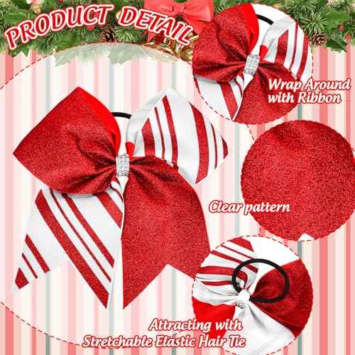 4Pcs Christmas Cheer Hair Bows Scrunchies Glitter Red Candy Striped Ribbon Bowknot Hair Ties Xmas Ponytail Holder for Women Winter Birthday Costume Supplies