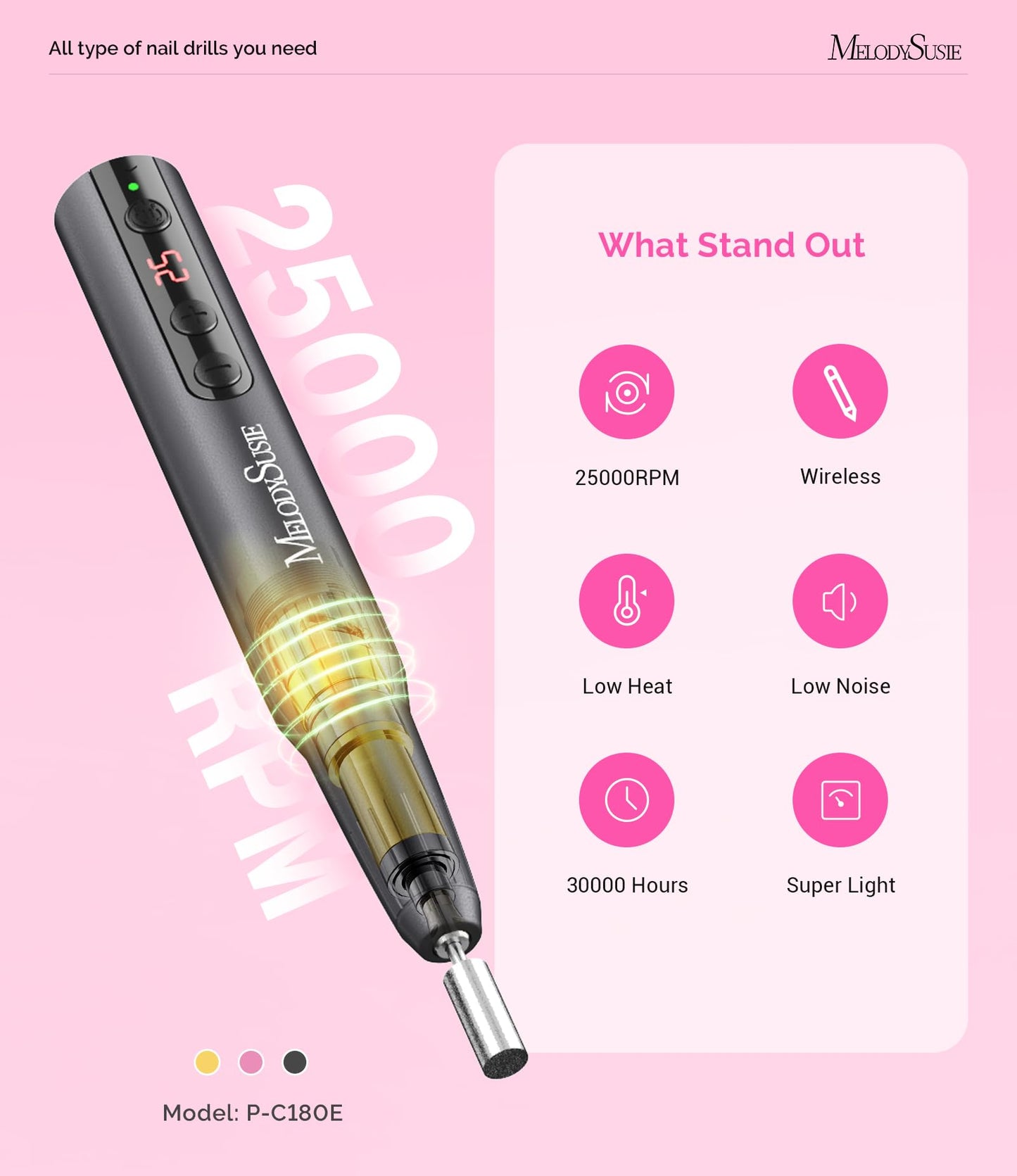 MelodySusie Rechargeable Cordless Electric Nail Drill,PC180E MelodySusie Nail Art Liner Brushes 5Pcs