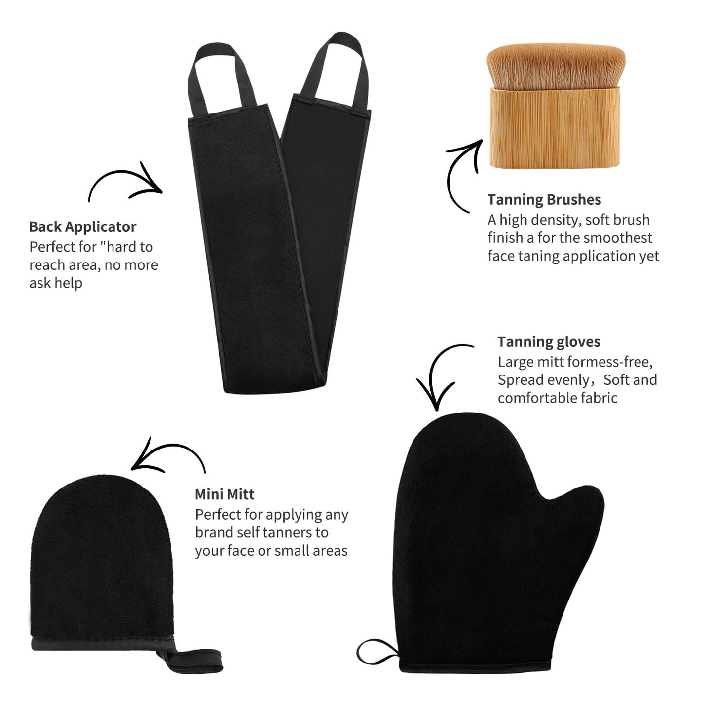 FUNAN Self Tanning Application Kit, 4-Piece Set with Back Applicator, Mini Mitt, Tanning Mitts and Ultra Soft Self Tanner Brush Bamboo Kabuki Brush, Black