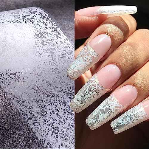 SILPECWEE 20 Rolls Lace Nail Foil White and Black Nail Transfer Foil Flower Nail Art Foils Decals Holographic Foils for Nails Manicure Stickers for DIY Acrylic Nails Decoration