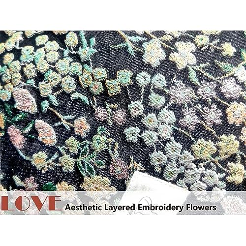 HAPPYHEIDI Women Aesthetic Travel Makeup Bag Accessory Zipper Pouch for Cosmetics, Purse Organizer, Embroidery Lucky Flowers Black