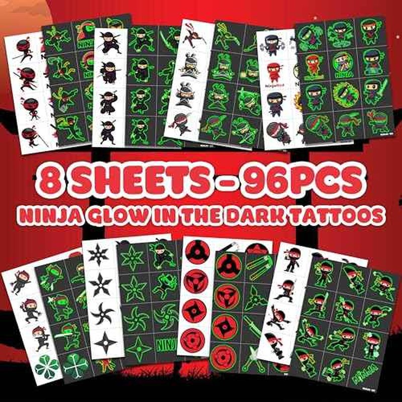 96 PCS Ninja Pre-Cut Luminous Temporary Tattoos for Kids Birthday Themed Party Supplies Decorations Favors 8 Sheets Decor Super Cute Cartoon Stickers Tattoo School Rewards & Gifts for Boys & Girls
