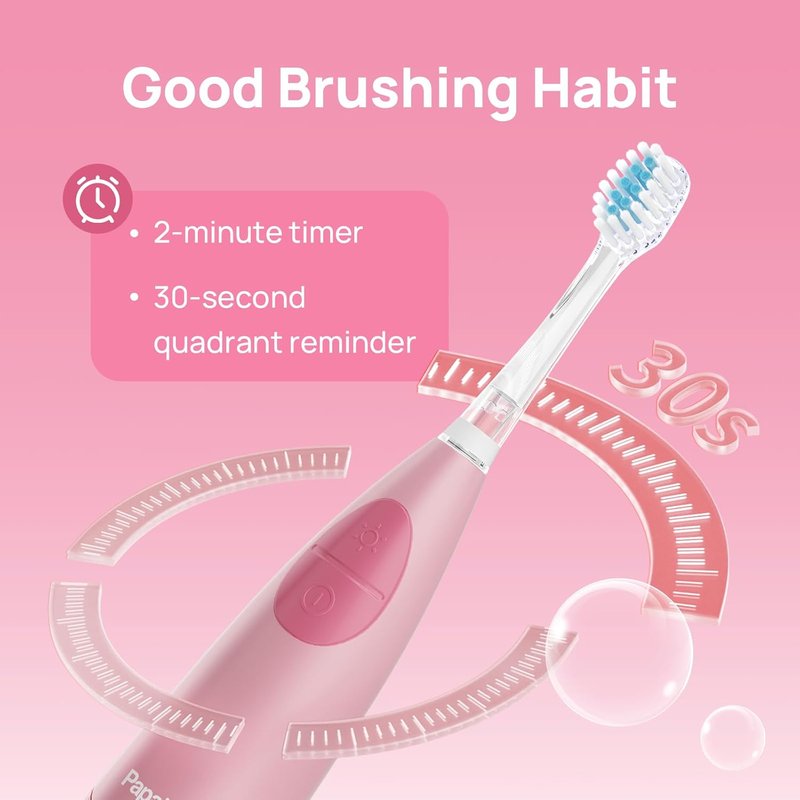 Kids Electric Toothbrush - USB Rechargeable with Smart Timer & LED Light | Pink, Ages 4+