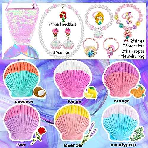Mermaid Bath Bombs for Girls Kids with Surprise Inside 6+10 PCS Mermaid Gifts for Girls Toys 4 5 6 7 8 Year Old Birthday Easter Basket Sutffer Princess Jewelry Natural Organic Bubble Bath Bomb Set