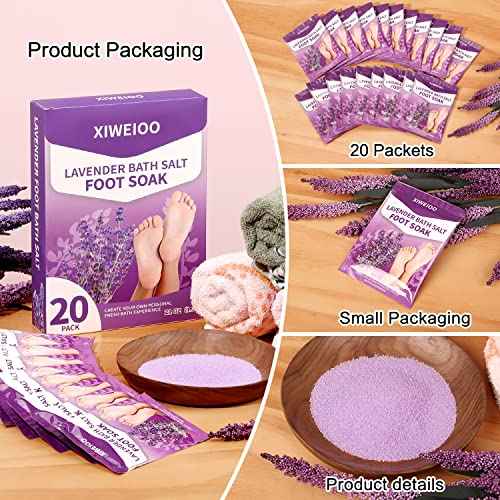 Foot Soak Salts with Epsom Salt for Soaking Lavender Pedicure kit Foot Bath- 20 Pack Bath sea Salts pedicure foot spa soak Products kit 21 oz Tea Tree Oil feet soak Athletes Callus Remover XIWEIOO