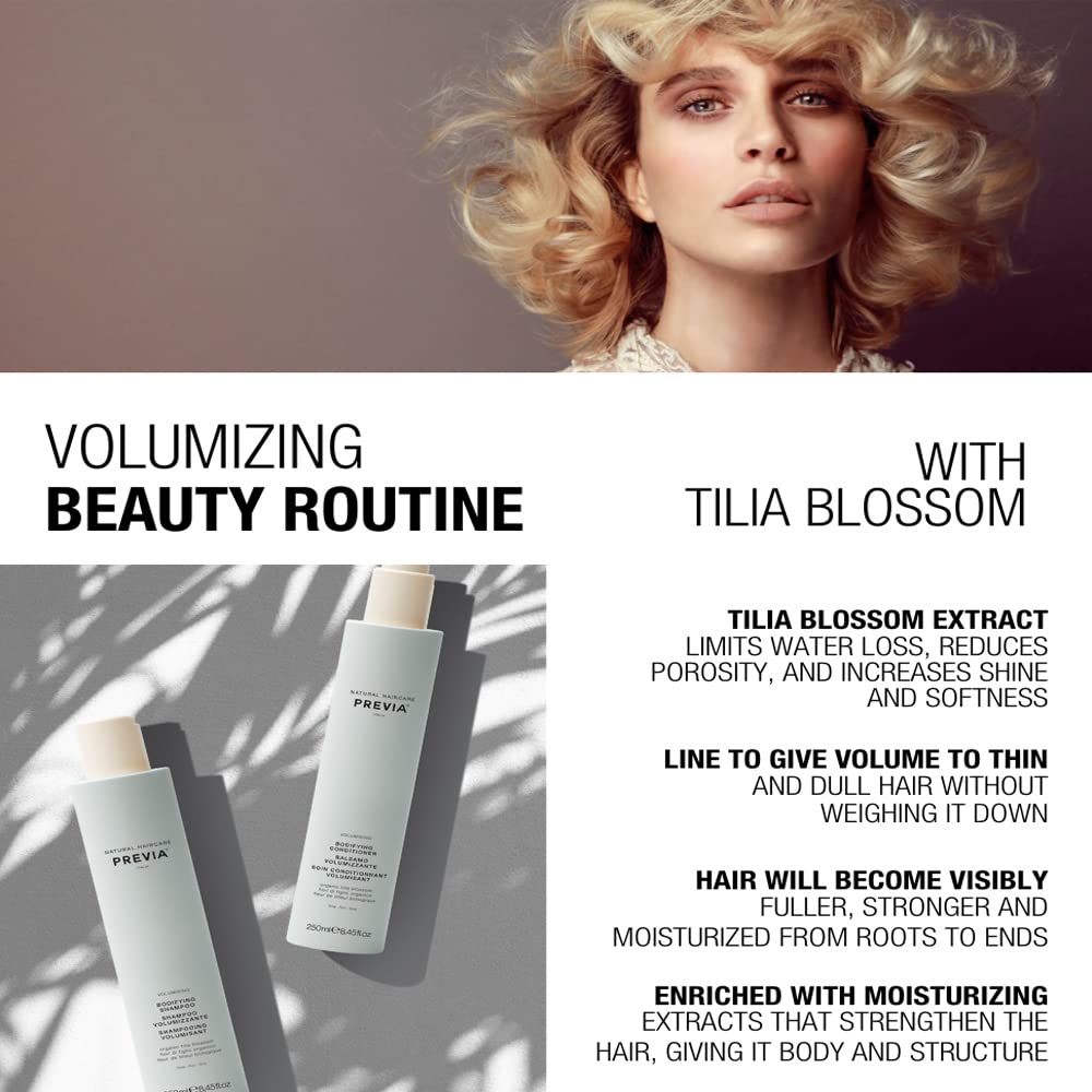 PREVIA Volumizing Bodifying Shampoo Anti-Dandruff Volumizing Shampoo for Fine Thin Hair Natural Formula with Organic Tilia Blossom Vegan Sulfate Free Strengthens Adds Volume & Shine 8.45 oz