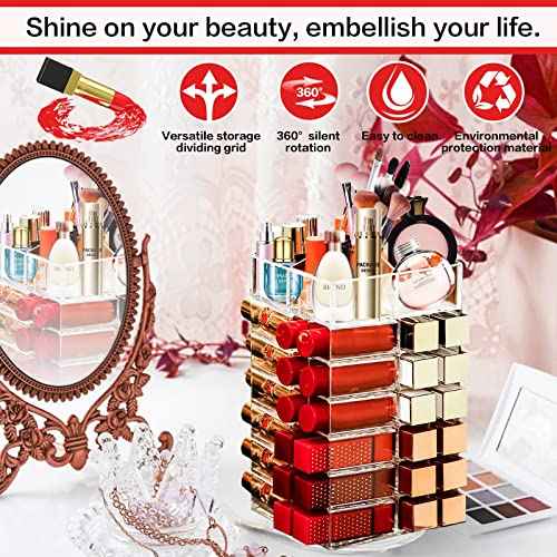 Acrylic Lipstick Tower Holder, 360 Degree Rotating Makeup Cosmetic Lipsticks Organizer with 53 Slots, Spinning Lipgloss Storage Display Stand Holder