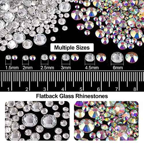 Flat Back Rhinestone Kits Colorful Rhinestones+Crystal AB&Transparent White Face Gems Nail Gem with Quick Dry Makeup Glue+Picker Pencil+Tweezer for Bedazzling Face Makeup and Nail Art