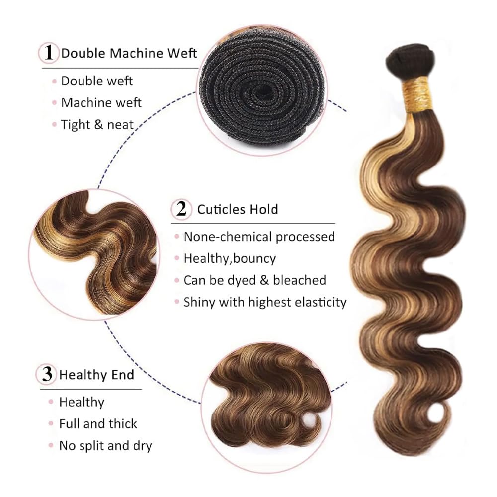 Honey Blonde Bundles Human Hair Ombre Body Wave Bundles Highlight Brown Bundle 18 20 22 Inch Brazilian Unprocessed Virgin Remy Hair Extensions 300g