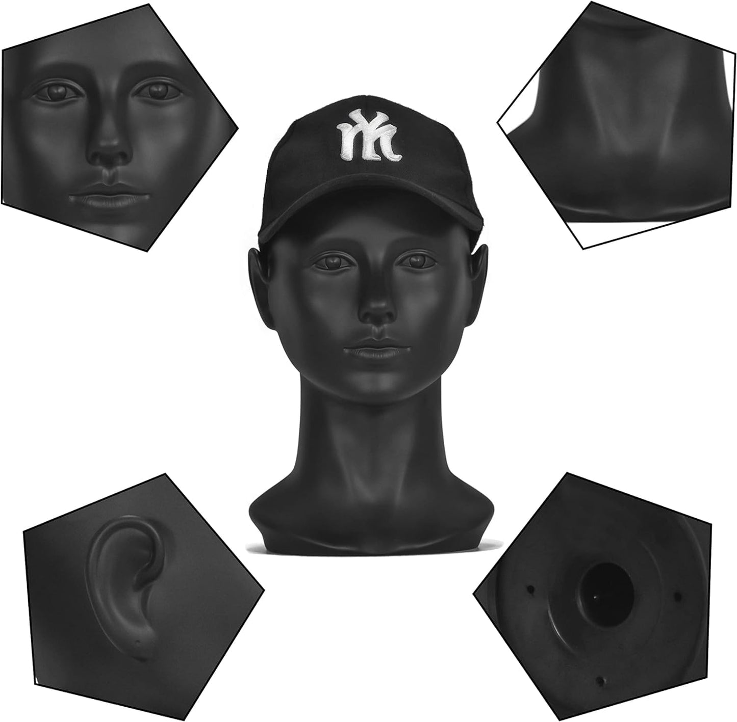 White Female PVC Mannequin Head - Display Model for Hats, Scarves & Wigs | Matte Black Finish