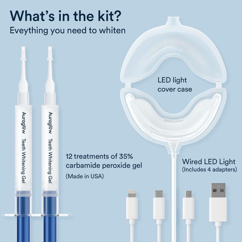Auraglow LED Teeth Whitening Kit - At-Home Tooth Whitening System with 35% Carbamide Peroxide Gel | 12 Treatments, Enamel-Safe for Coffee & Tea Stains