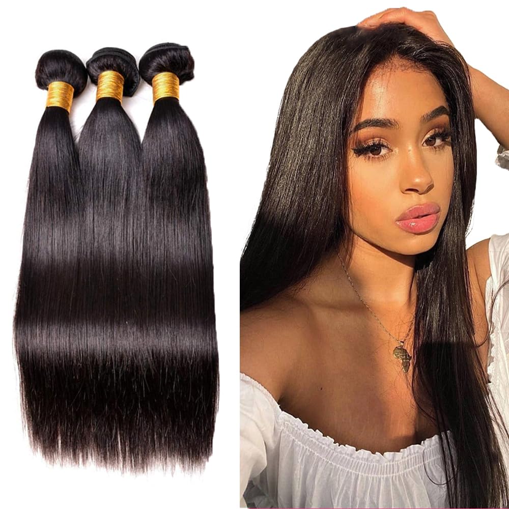 GveoXvo Straight Human Hair Bundles 16 18 20 Inch Straight 3 Bundles Human Hair Brazilian Remy Virgin Hair Extensions Straight Hair Bundle Natural Black 50g Per Bundle