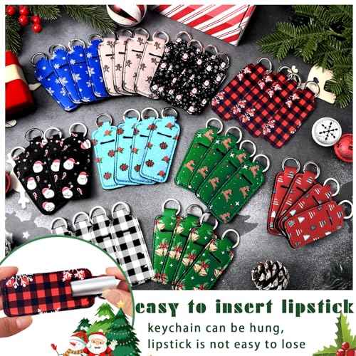 Ctosree 40 Pcs Christmas Theme Lipstick Holder with Portable Clip on Lip Gloss Sleeve Pouch Lipstick Holder Pocket Lip Balm Holder for Xmas Employee Gifts Coworker Nurse Teachers(Classic Pattern)
