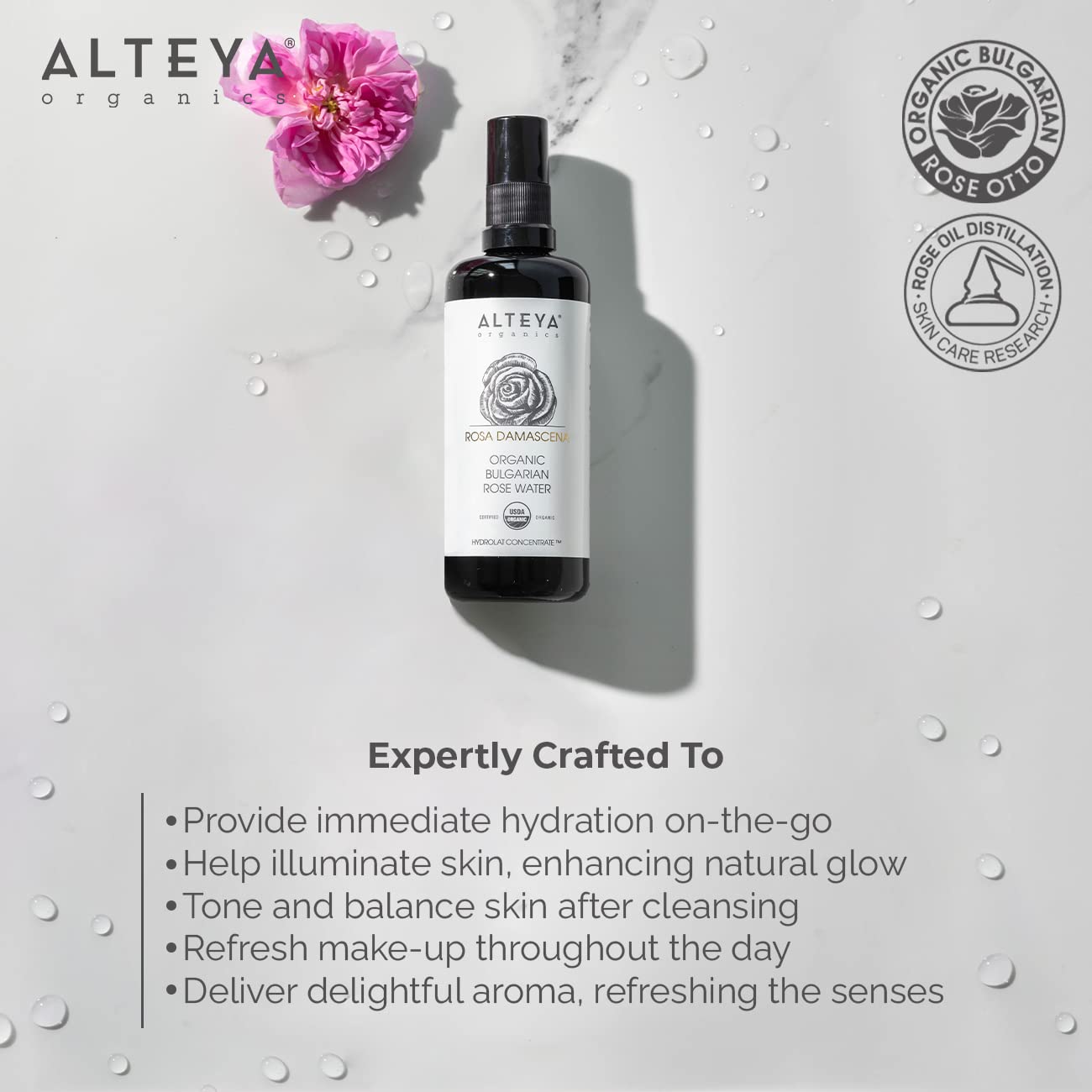Alteya Organic Rose Water Facial Toner - High-Potency Moisturizer | 6.8 Fl Oz Pure Bulgarian Rosa Damascena
