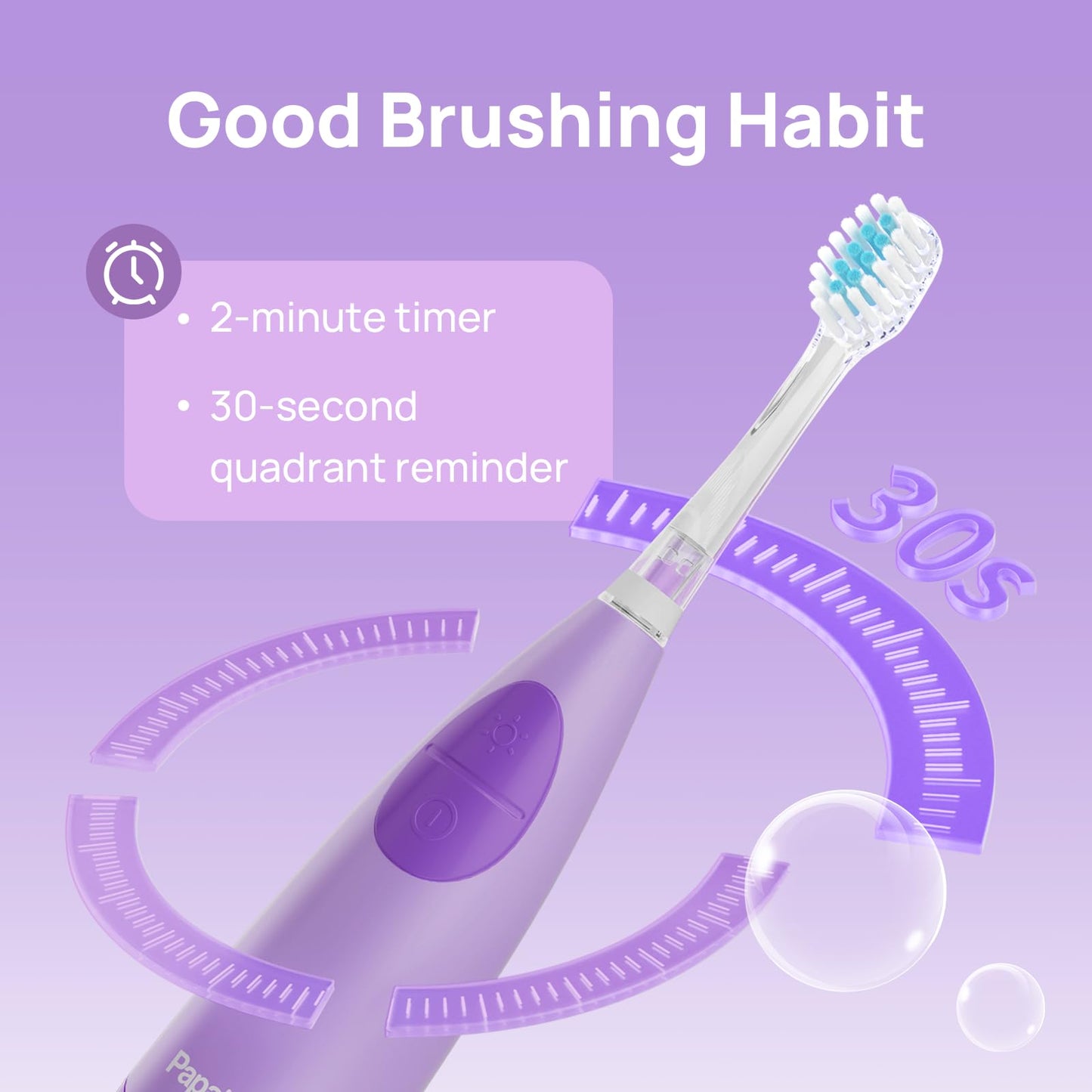 Papablic Kids Electric Toothbrush for Ages 4+ Children Girls and Boys, USB Rechargeable with Smart Brushing Timer, LED Light & 4 Replacement Brush Heads, Purple