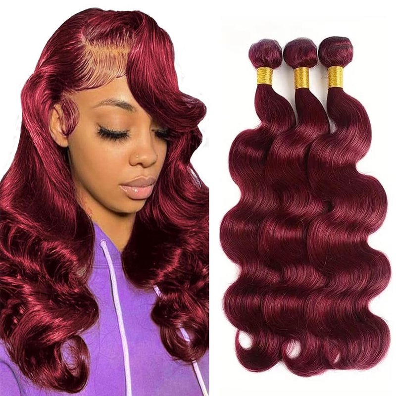 GLSMOSNW Burgundy Human Hair Bundles 10 12 14 Inch Wine Red Bundle Unprocessed Brazilian Virgin Human Hair Extensions 99j Body Wave Bundles For Women