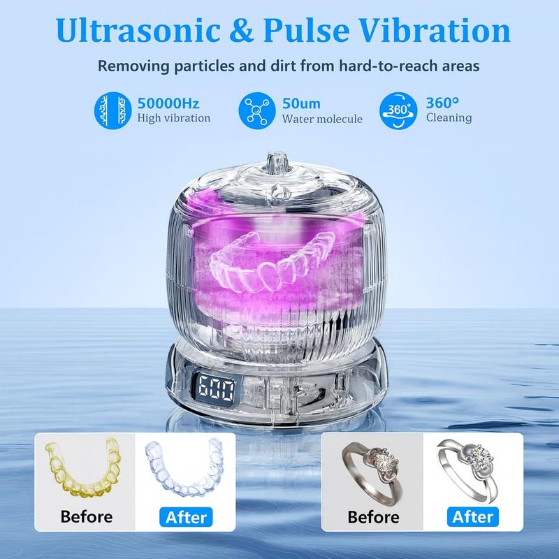 Ultrasonic Retainer Cleaner Machine - Portable 50kHz Dental Cleaner for Aligners, Braces & Jewelry | 4 Modes, Travel-Friendly