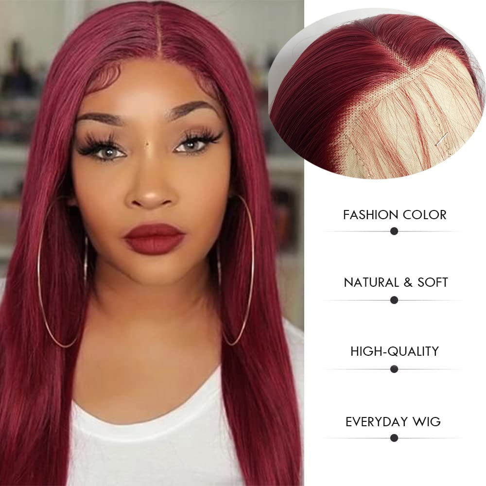 QMSSR Burgundy Red Lace Front Wig Long Straight Synthetic Lace Front Wigs for Women Glueless 13x3 Lace Heat Resistant Fiber Hair Wig Natural Hairline Baby Hair