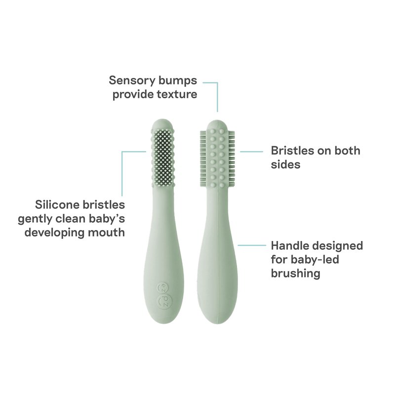 ezpz Baby-Led Toothbrush (Sage) - 3 Months + - 100% Silicone Infant Toothbrush with Sensory Bumps - Cleans Gums + New Teeth - Improves Hand-to-Mouth Coordination, Self-Feeding Skills