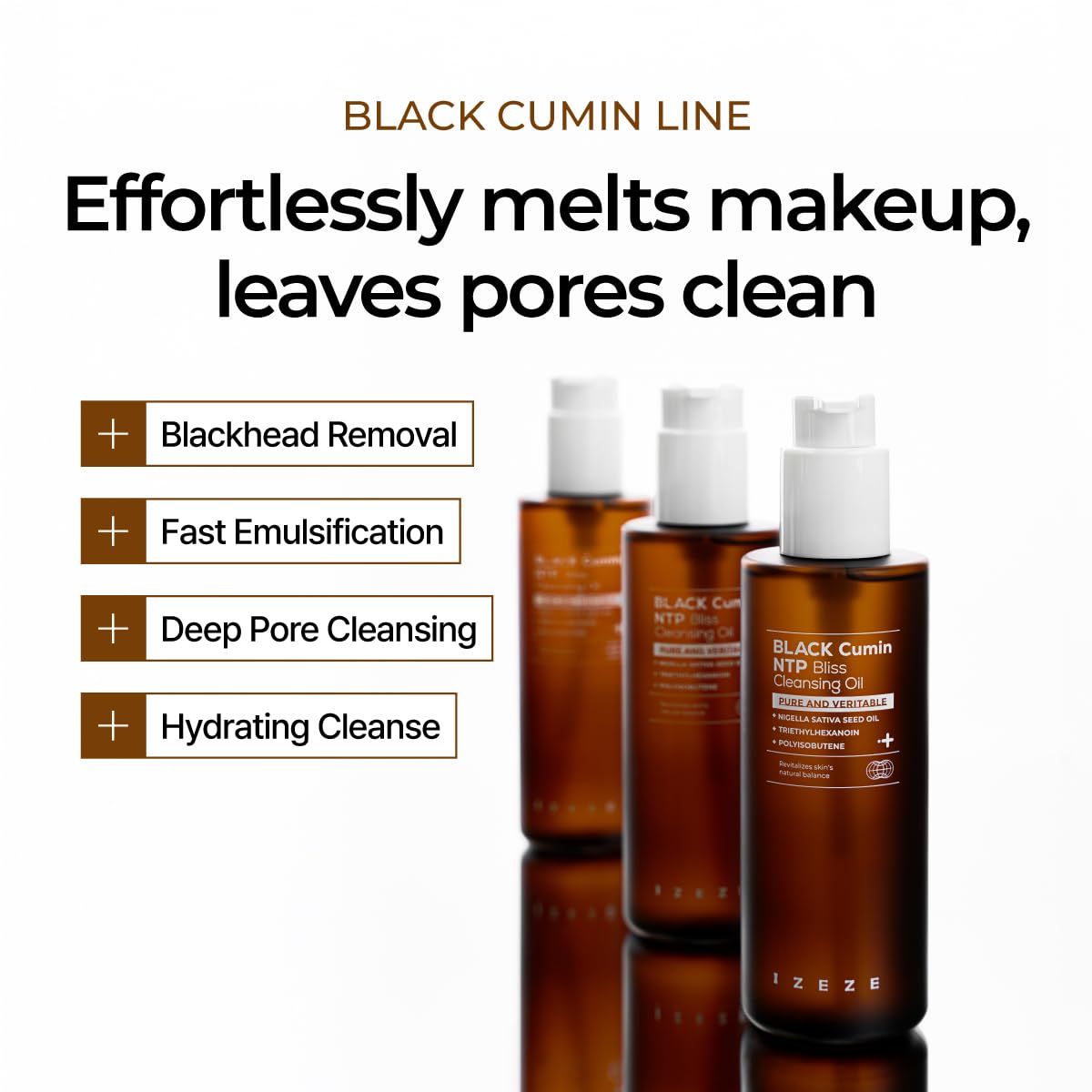 IZEZE Black Cumin NTP Bliss Cleansing Oil | Blackhead Remover, Makeup Remover, Deep Facial Cleanser, Clear Pore, Sebum Control, Korean Face Oil, 6.76 fl.oz