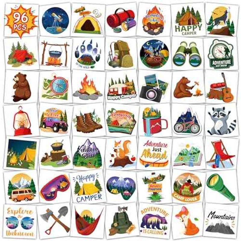 Konsait 96Pcs Camping Temporary Tattoos, Pre-Cut Camping Party Decorations Tattoos Stickers Campings Party Favors, Camp Gifts Camping Fun Stuff Accessories Party Ideas