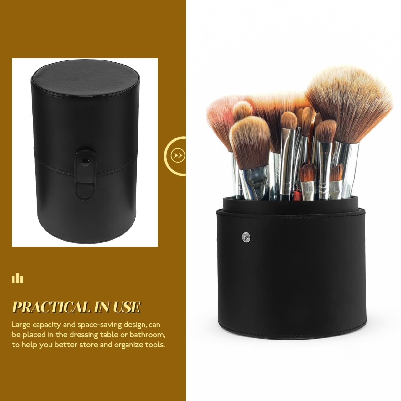 Portable Makeup Brush Holder with Lid - Elegant Pu Leather Makeup Bag Black Brush Organizer for Travel Compact Storage Bucket with Buckle Protective Lid, Easy to Clean, 7.9in X 5.19in