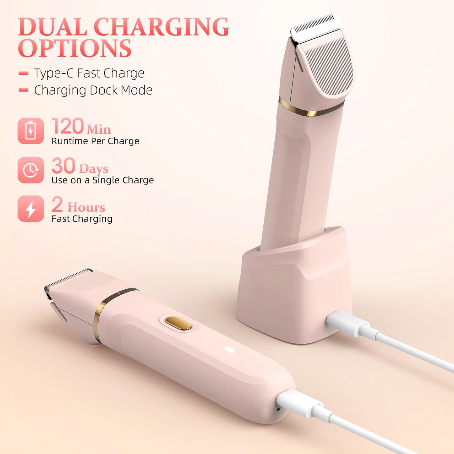 HOHOLE 5-in-1 Bikini Trimmer for Women, IPX7 Waterproof Electric Razors Shaver, Cordless Body Hair Trimmer, Facial & Pubic Hair Removal, Ceramic Blade (Blush)