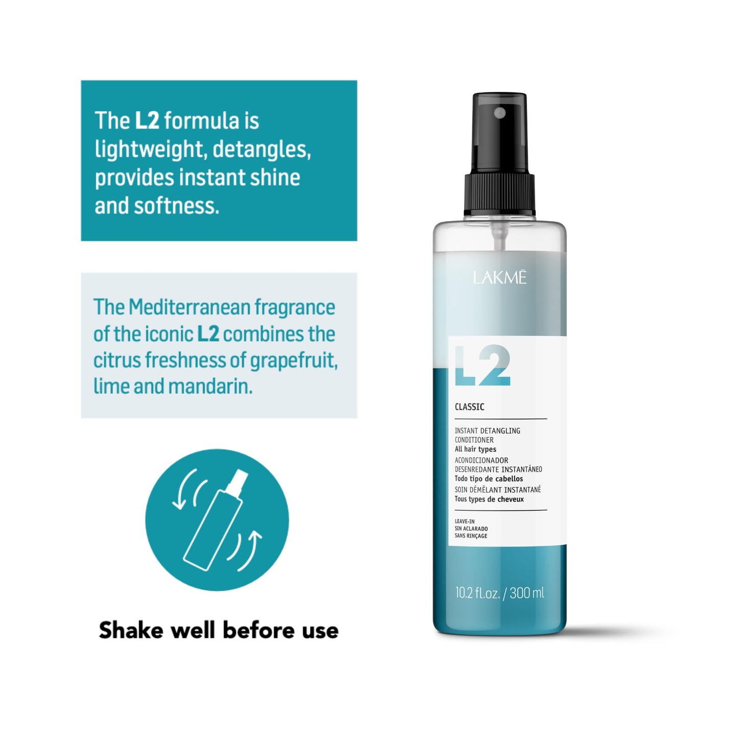 Lakmé L2 Classic Bi Phase Conditioner, Detangling Spray for Hair, Leave In Conditioner Spray For All Hair Types, 10.2 Fl Oz