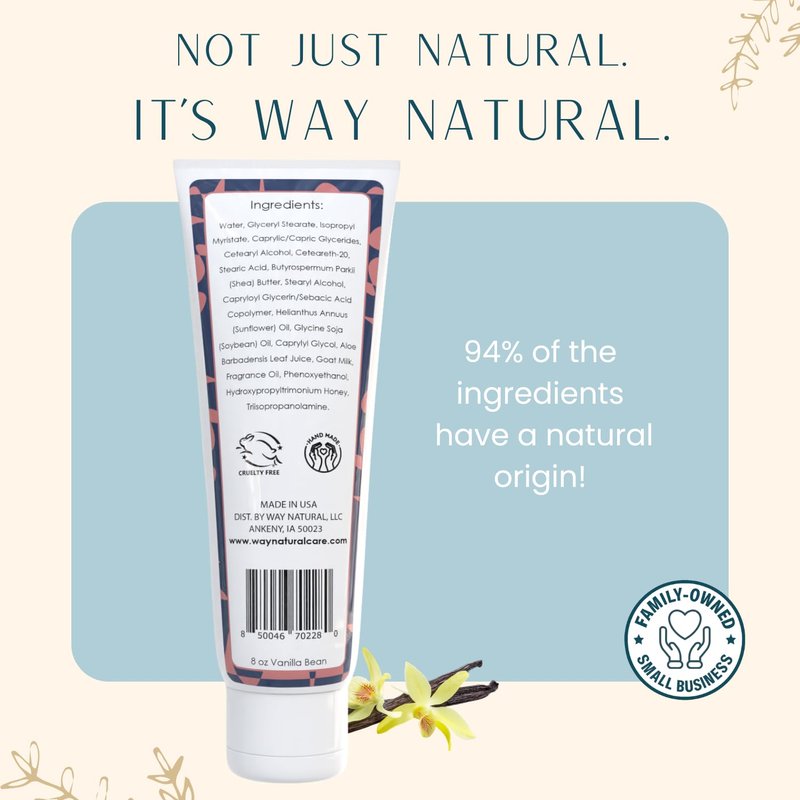 Way Natural Nourishing Goat Milk Lotion, Vanilla Bean - Home & Away Set, Natural Hand & Body Vanilla Lotion for Dry Skin - Goat Milk Hand Cream for Women & Men - 8oz & 2oz Travel Size Tube