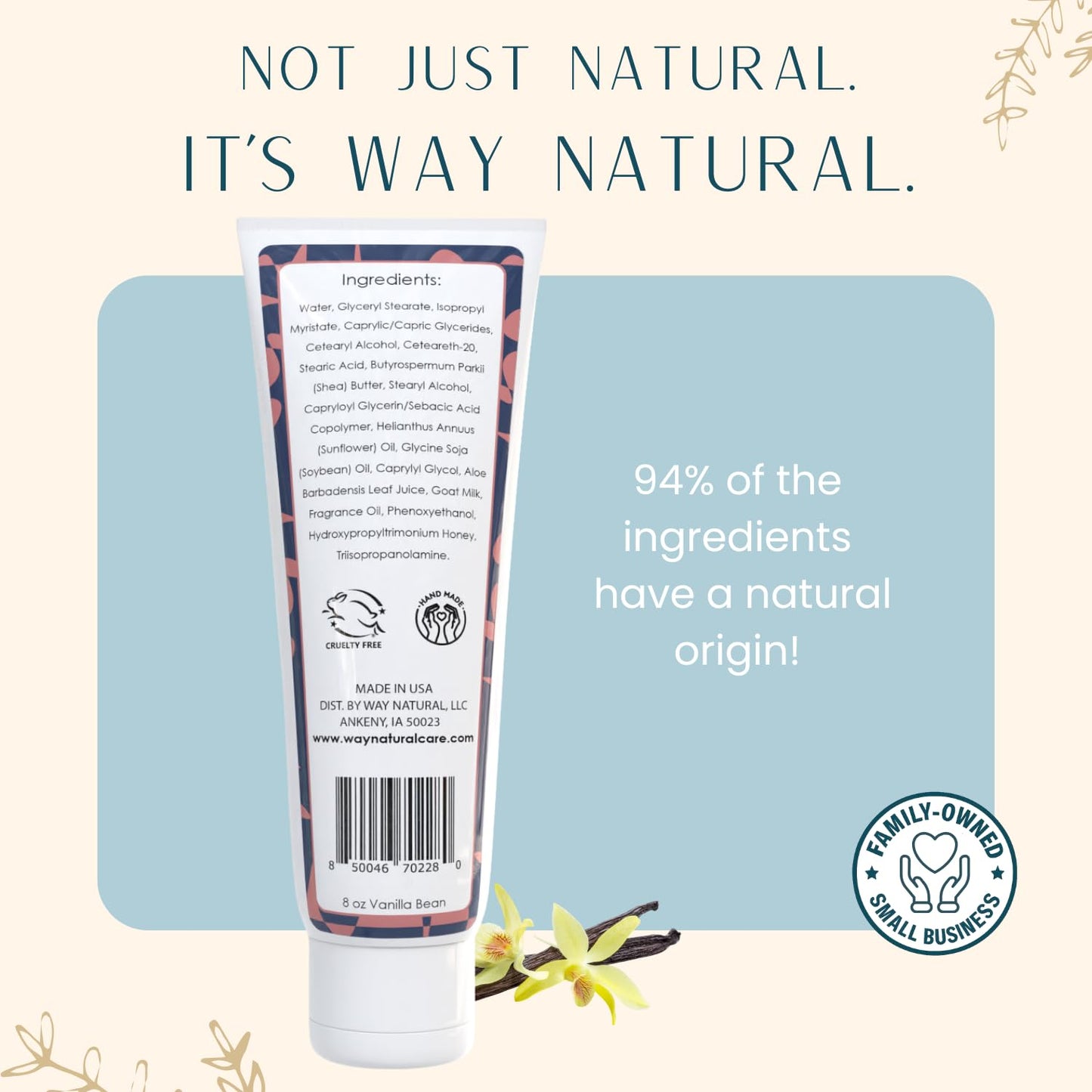 Way Natural Nourishing Goat Milk Lotion, Vanilla Bean - Home & Away Set, Natural Hand & Body Vanilla Lotion for Dry Skin - Goat Milk Hand Cream for Women & Men - 8oz & 2oz Travel Size Tube