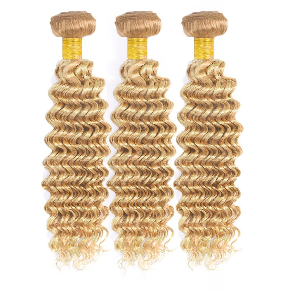 MLMYBAYEA P27/613 Human Hair Bundles Blonde Deep Wave Bundles 08 10 12 Inch Blonde Highlight Deep Wave Extensions Unproceesed Brazilian Virgin Hair For Women