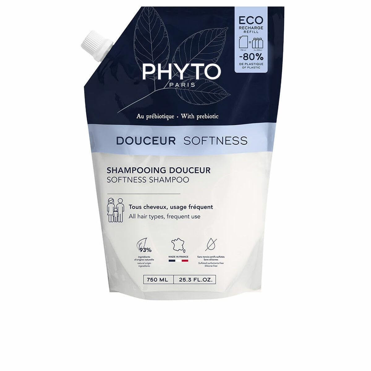 PHYTO Softness Gentle Family Shampoo - Prebiotic Complex | Scalp-Respecting Daily Cleanser for All Hair Types | Sulfate- & Silicone-Free | Softening & Detangling | Floral Scent | 25.3 fl oz