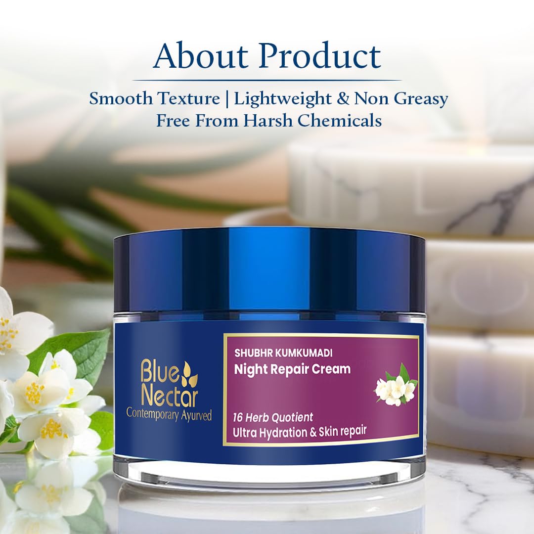 Blue Nectar Kumkumadi Night Cream with Jasmine for Glowing Skin (1.7 Fl Oz) & Kumkumadi Gentle Face Cleanser with Saffron (3.38 Fl Oz)