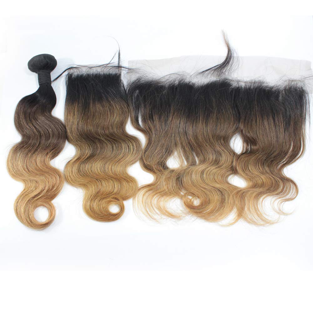 Forawme 14 Inch Free Part 4X4 Top Closure Pre Plucked 1B/4/27 Ombre Body Wave Human Hair Lace Closure With Natural HairlineSoft Braziian Virgin Hair Pieces