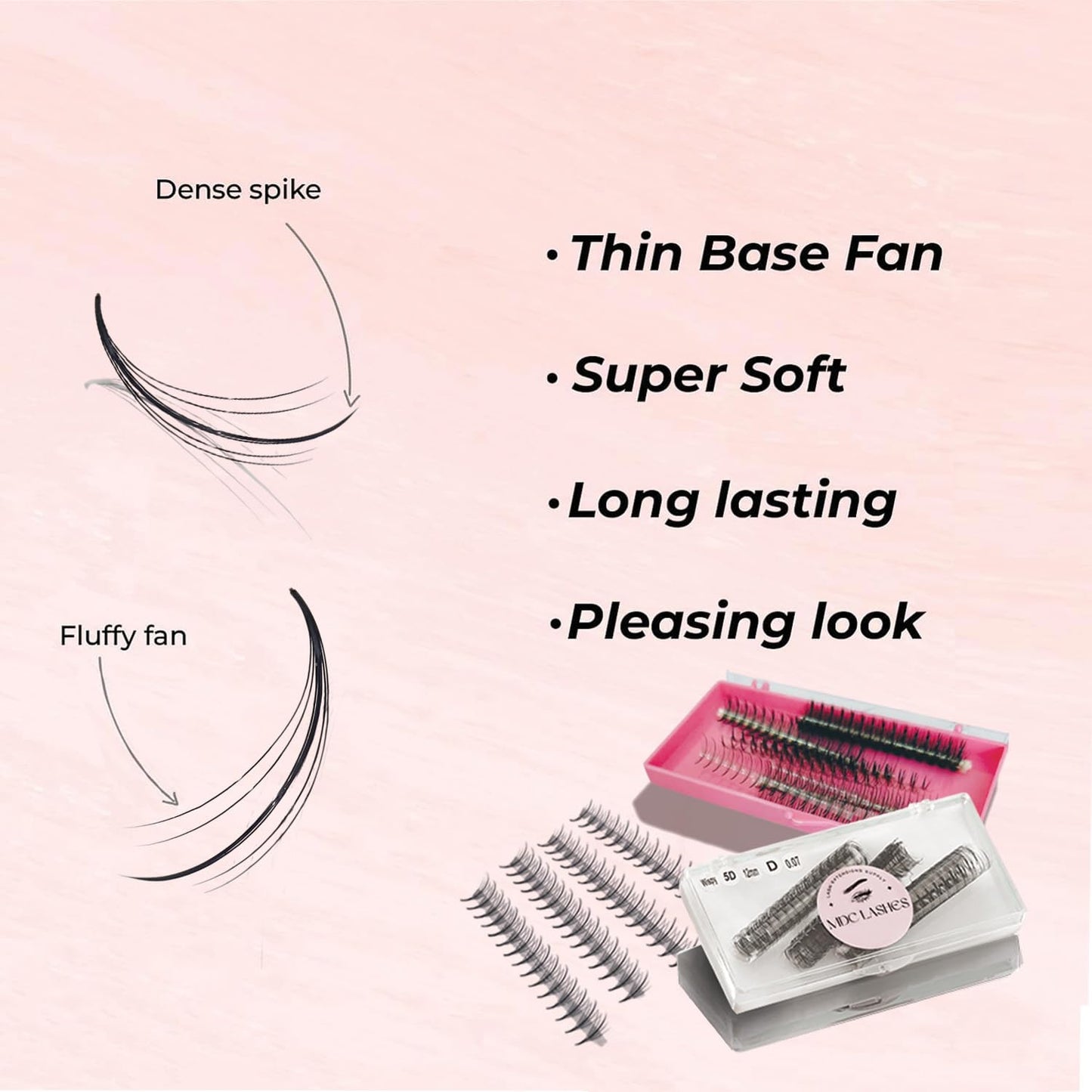 MDC LASHES 1000fans Promade Wispy Lash Extension Volume Lashes 0.05-0.07 Thickness, C/D/CC Curl, 8-18mm Loose Fans False Eyelashes 5D 7D 9D for Fluffy Eyelash Cluster (7D-0.07-C 10mm)