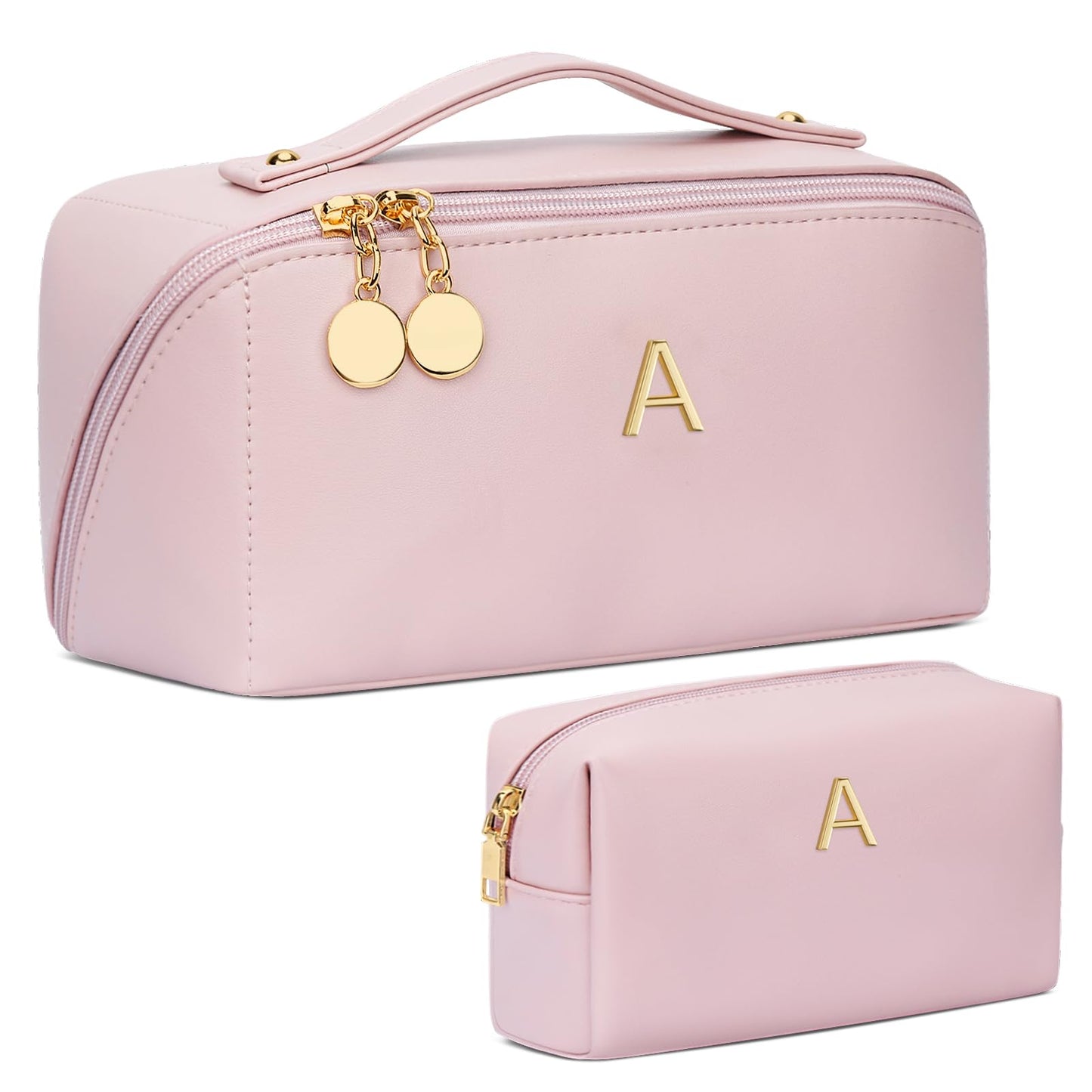 CLOUDWINGS Birthday Gifts for Women Teen Girl, Personalized Initial Makeup Organizer Bag Set, Open Flat Travel Cosmetic Bag With Clear Divider and Handle(Pink,A)