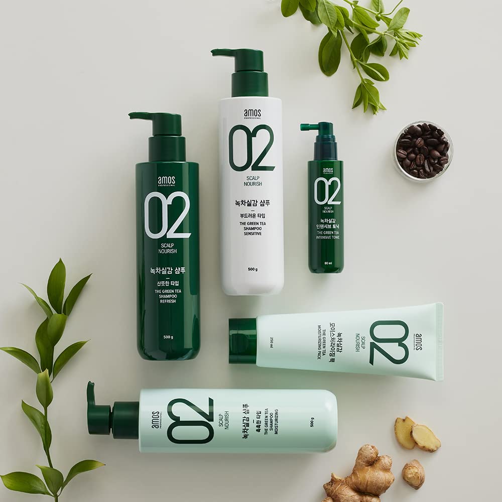 AMOS PROFESSIONAL The Green Tea Shampoo Refresh [For Oily Scalp] 17.6oz (500g) | Anti-Hair Loss Korean Hair Growth Shampoo for Cleanse Excess Sebum