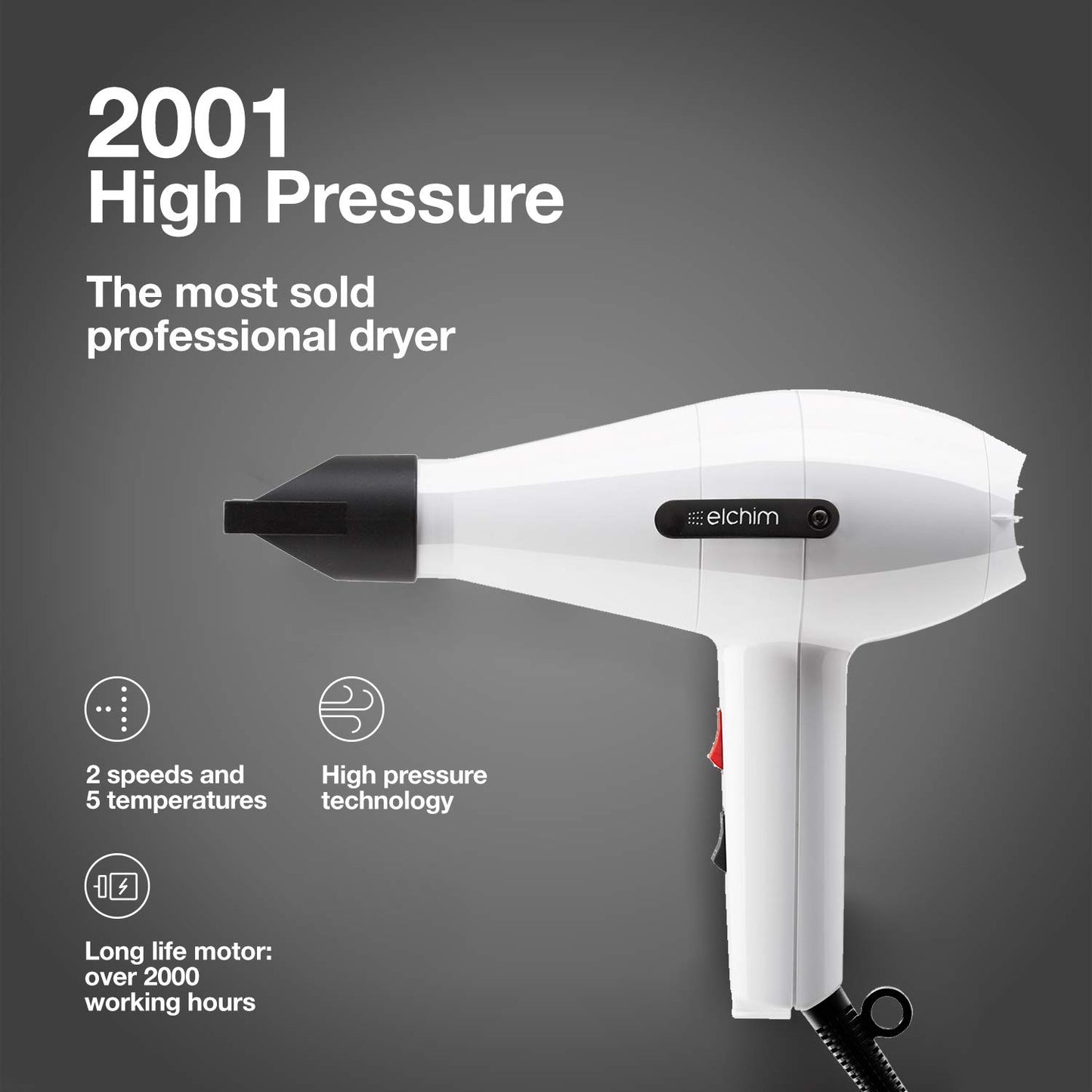 Elchim 2001 Hair Dryer - High Pressure, Fast Drying | White, 1 Count