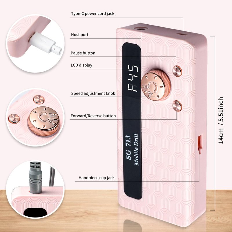 Electric Nail Drill - 45000RPM Portable Rechargeable E-File Kit | Ultra-Silent with 11 Bits & LED Screen (Pink)