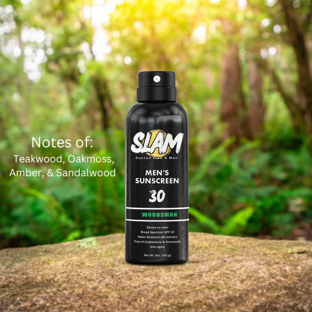 SLAM WoodsMan - Male Scented Sunscreen, SPF Sunscreen Spray, Water Resistant Sunscreen, Octinoxate & Oxybenzone Free, Broad Spectrum UVA/UVB Sunscreen, 5 Fl Oz (Pack of 1)
