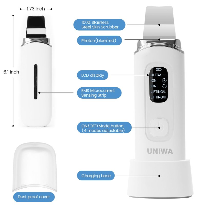 UNIWA Skin Scrubber Face Spatula, Ultrasonic Skin Scrubber Skin Spatula Pore Cleaner Blackhead Remover Tool for Facial Deep Cleansing-4 Modes, with LCD Display, IPX6 Waterproof - White