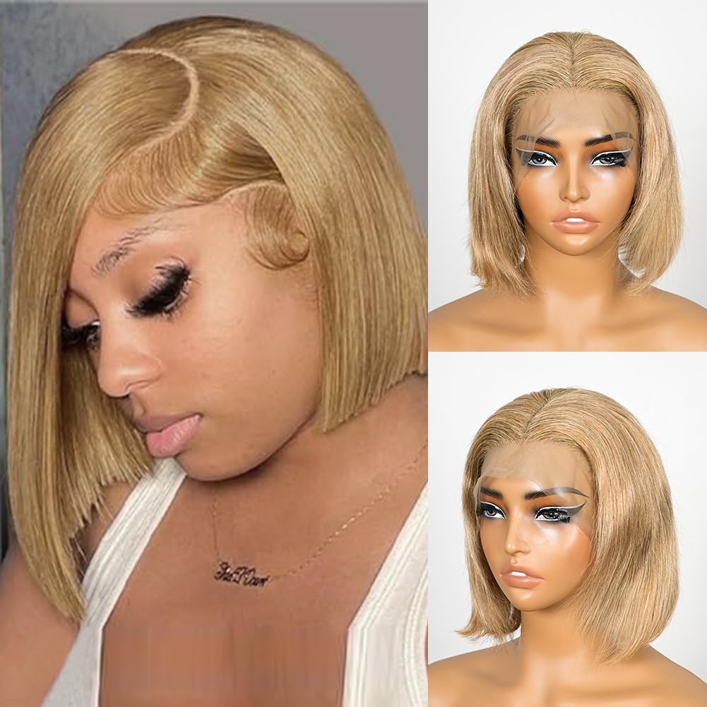 SUPERNOVA #27 Honey Blonde Short Bob Wig Human Hair Straight 13 * 4 Lace Front Wigs For Black Women Pre Plucked Pre Cut Human Hair Bob Wig With Baby Hair 200 Density 8 Inch