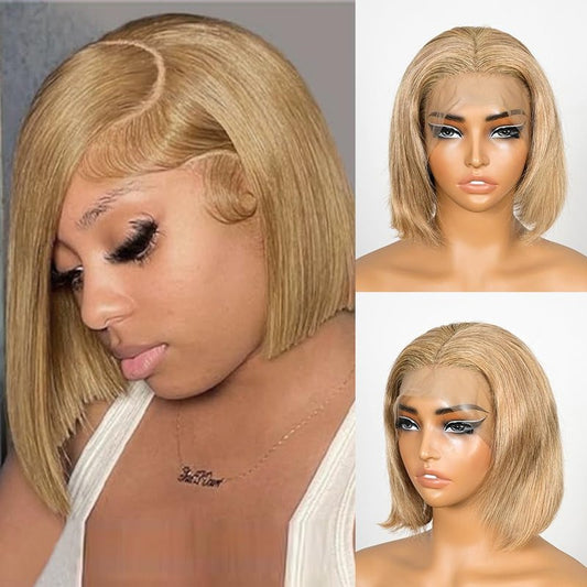SUPERNOVA #27 Honey Blonde Short Bob Wig Human Hair Straight 13 * 4 Lace Front Wigs For Black Women Pre Plucked Pre Cut Human Hair Bob Wig With Baby Hair 200 Density 8 Inch