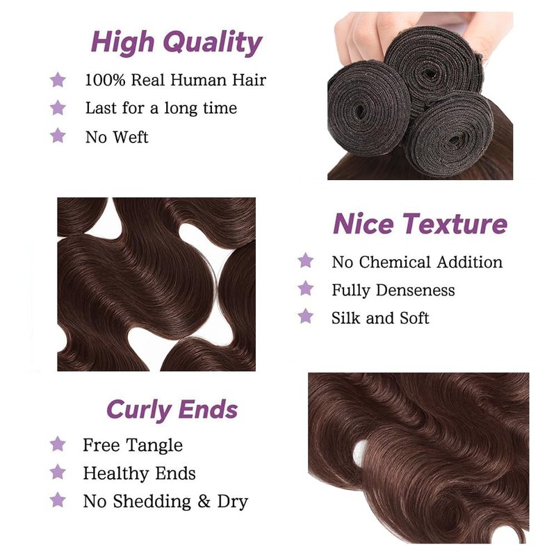 Body Wave Human Hair Bundles - Dark Brown Color #4 | 28, 30, 32 Inch Lengths - 3 Pack