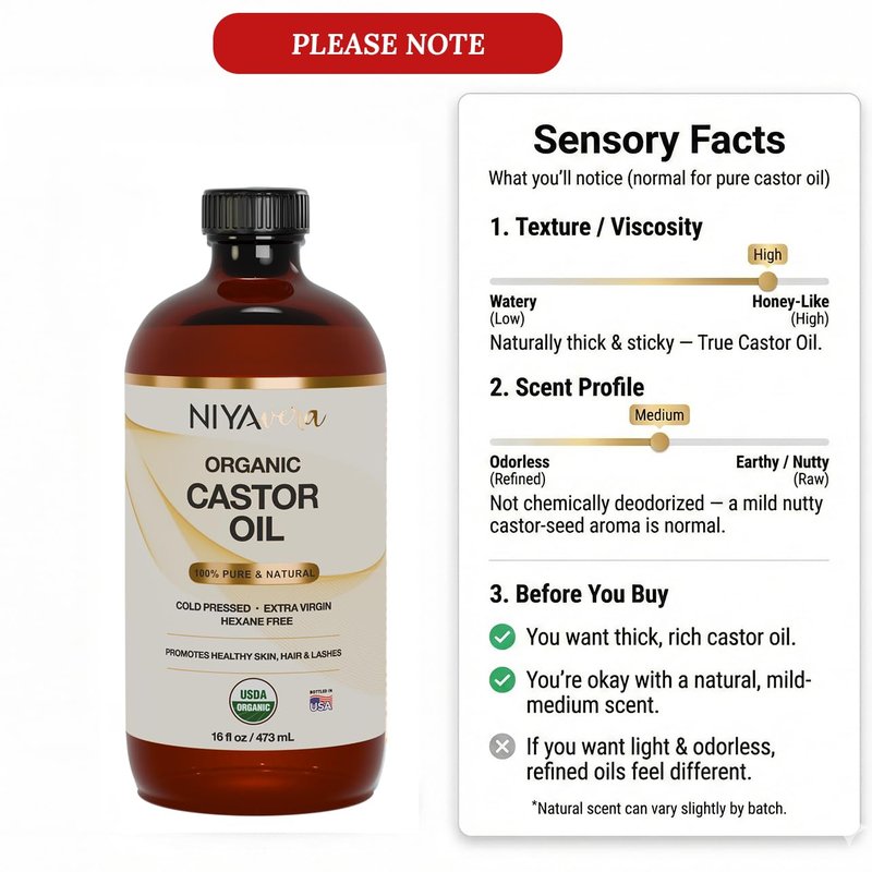 terravera Niyavera Organic Castor Oil USDA Certified 16oz - 100% Pure Golden Cold Pressed Unrefined Hexane Free for Hair Growth, Eyelashes, Eyebrows, Skin - Glass Bottle with Pump