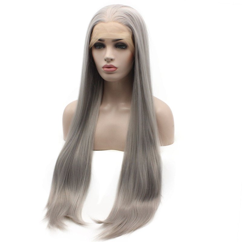 iwonawig Straight Blue Wig Lace Front Synthetic Half Hand Tied Long Light Sky Blue Wig