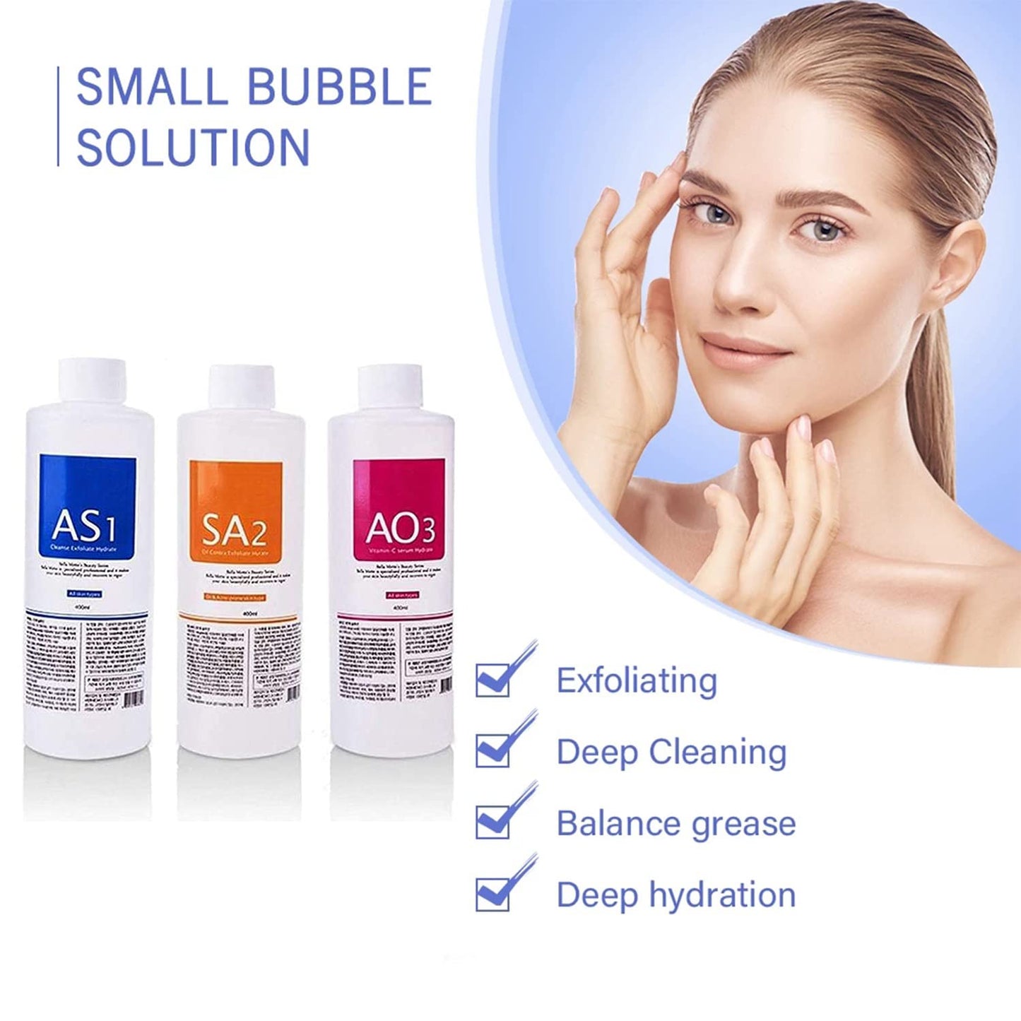 Crowsuggy Aqua Peeling Solution AS1, SA2, and AO3 for Facial Cleansing, Top Salon Skin Scrub, Hydra Skin Scrub Special, Small Bubble Solution (3 Bottle x 400ml)
