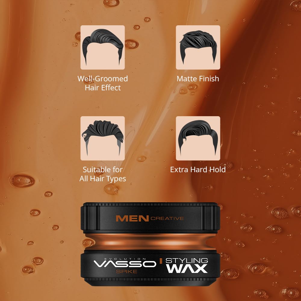 Vasso Clay Spike Hair Styling Wax for Men, Ultra Matte Strong Hold Clay Wax, Water Based Texturizing Hair Clay for All Hair Types, Long Lasting Barber Style Finish, 5.07 fl oz (150 ml)