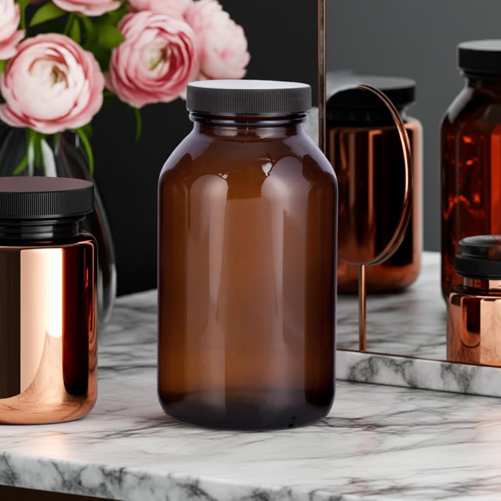 JUVITUS Amber 17 oz Wide Mouth Glass Packer Bottle with Black Lid (4 pack)